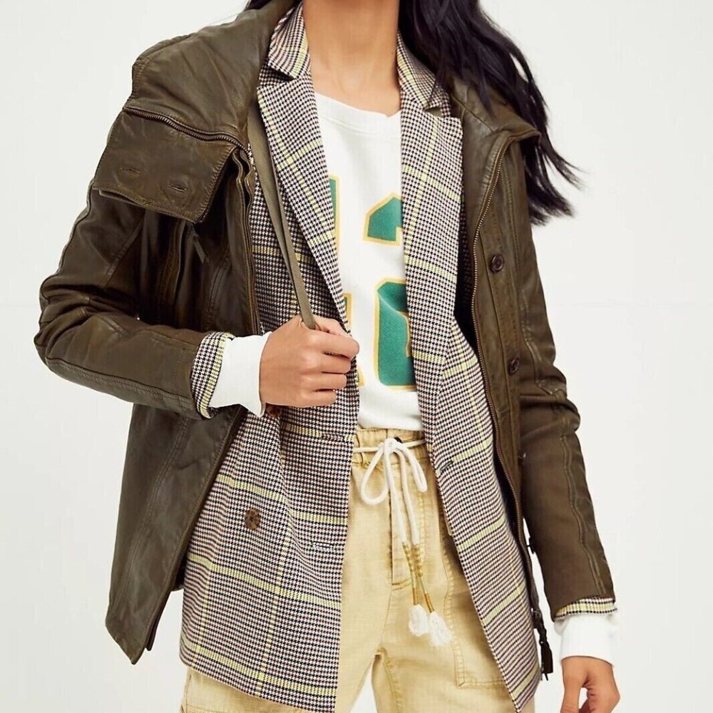 Free People Nicholas K Funnel Neck Jacket brown leather jacket/size S